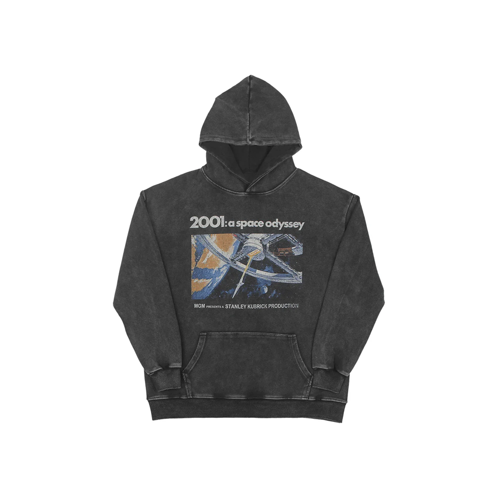 Black washed grey hoodie with 2001 A Space Odyssey Stanley Kubrick graphic on a white background