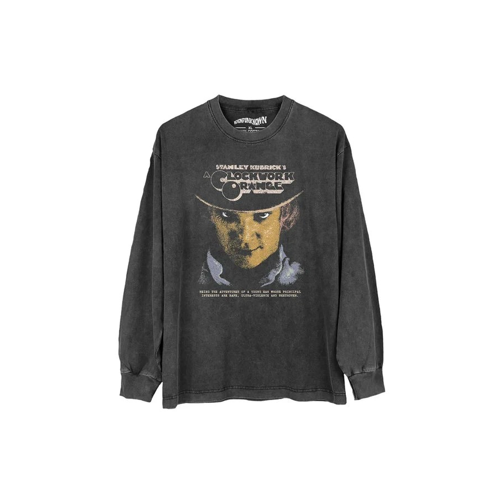 Long-sleeve shirt with an A Clockwork Orange by Stanyley Kubrick graphic design on a white background