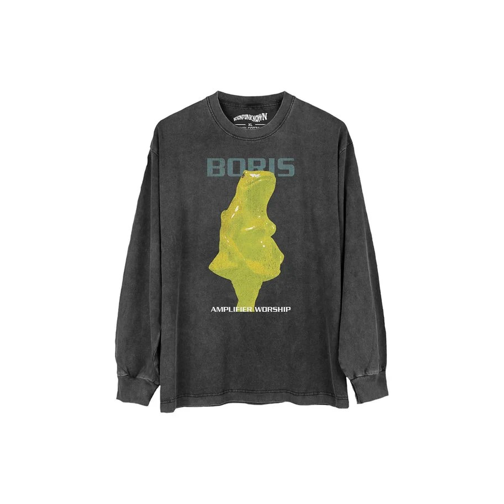 Black long-sleeve shirt with a Boris Amplifier Worship graphic and text on a white background