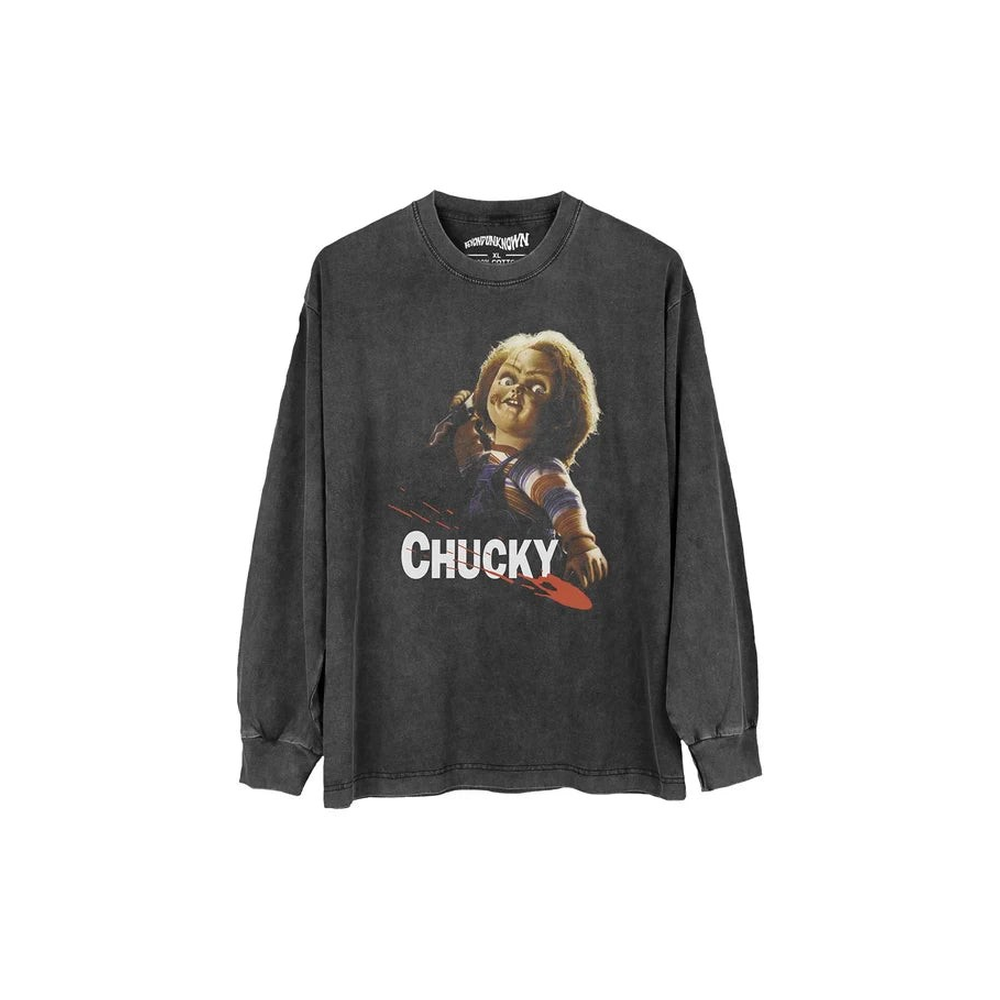 Black long-sleeve shirt with 'Chucky' graphic on a white background