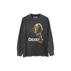 Black long-sleeve shirt with 'Chucky' graphic on a white background