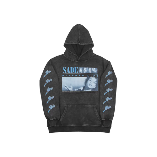 Black washed grey hoodie with Sade Diamond Life graphic and Epic Records logo pattern on sleeves