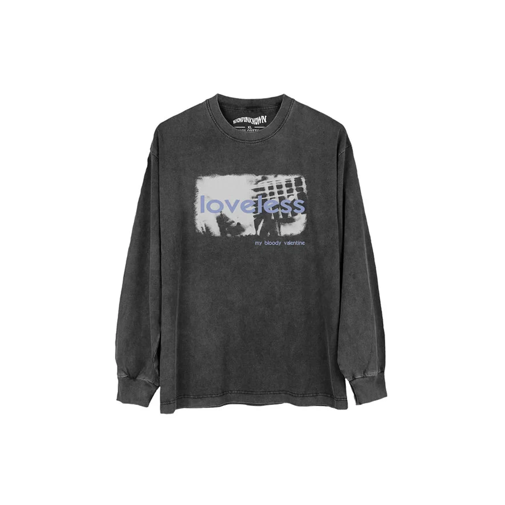 Dark grey long-sleeve My Bloody Valentine 'Loveless' shirt with graphic and text on a white background
