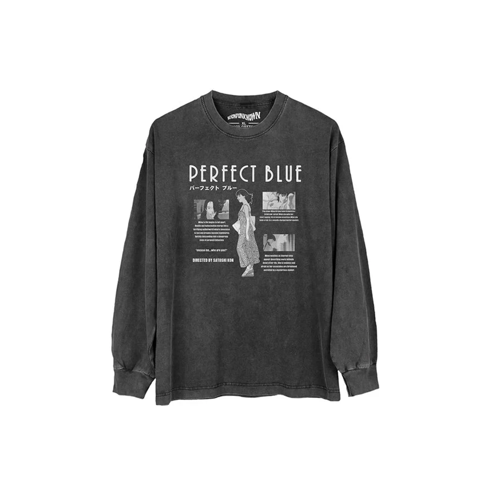 Dark grey long-sleeve shirt with Satoshi Kon 'Perfect Blue' graphic and text on a white background