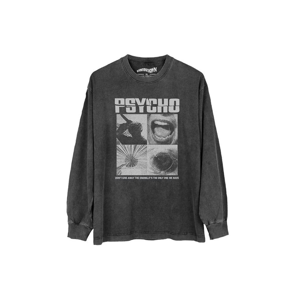 Dark grey long-sleeve shirt with an Alfred Hitchcock 'Psycho' graphic and text on a white background 