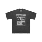 Dark grey t-shirt with an Alfred Hitchcock 'Psycho' graphic and text on a white background