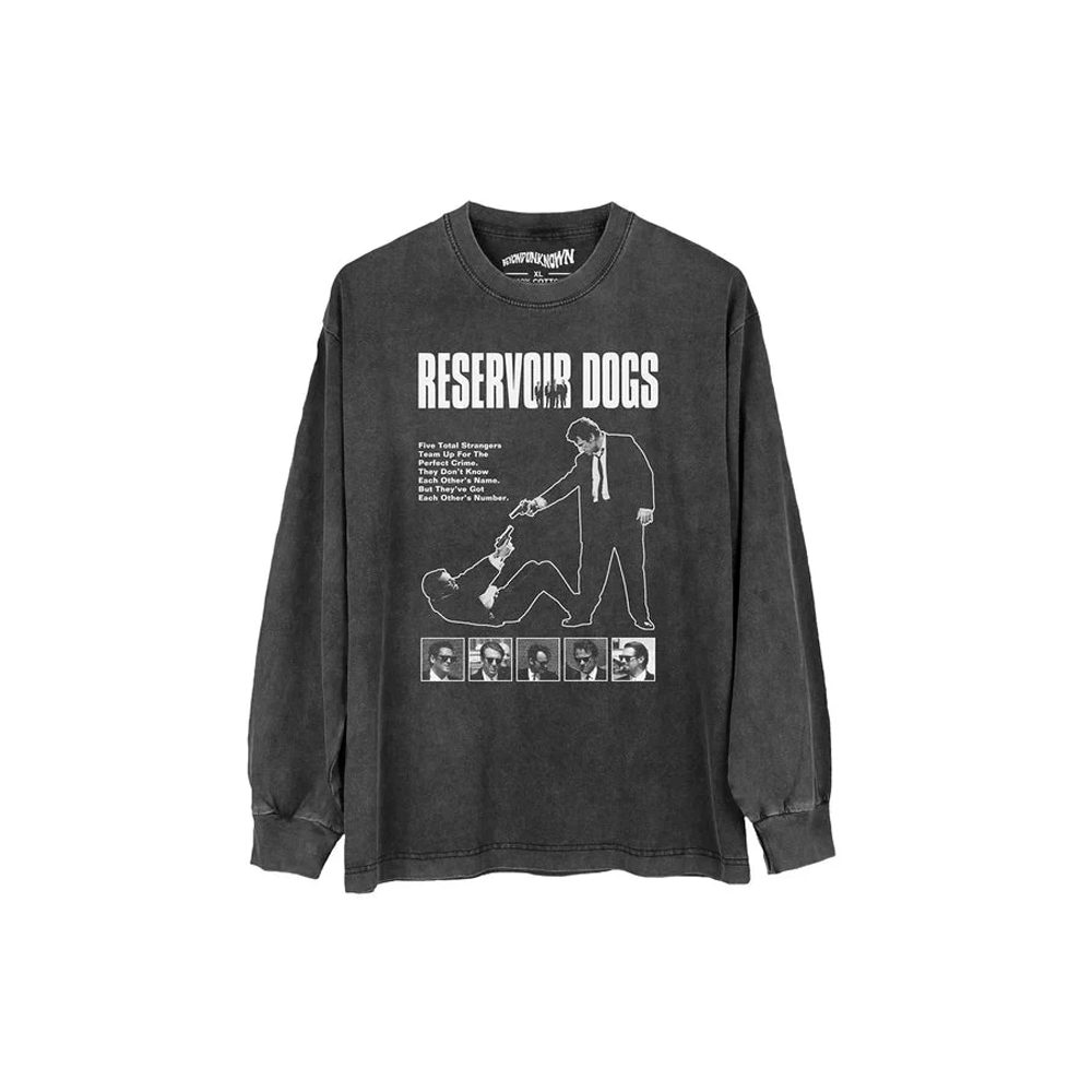 Dark grey long-sleeve shirt with a Quentin Tarantino 'Reservoir Dogs' graphic and text on a white background