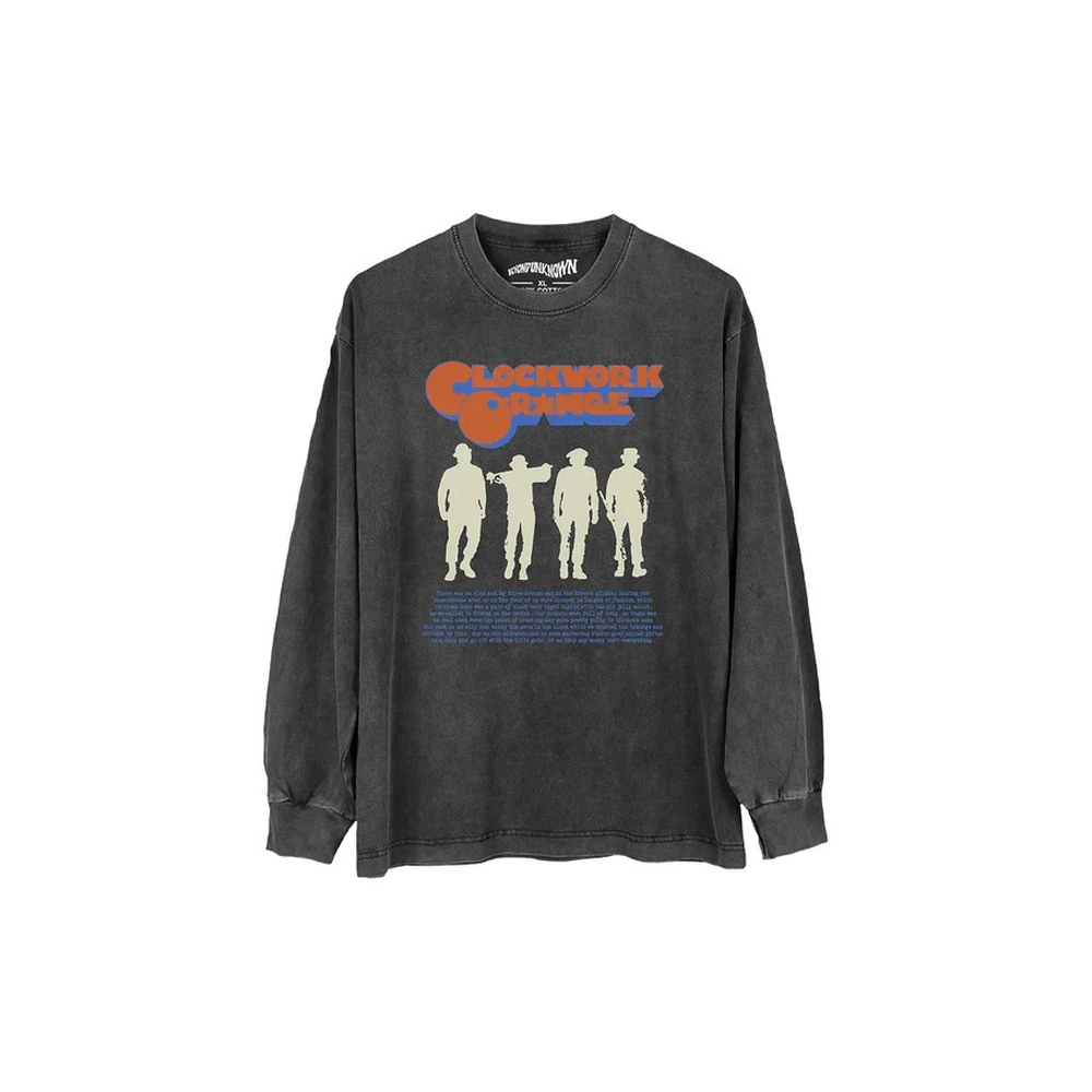 Long-sleeve shirt with an A Clockwork Orange by Stanley Kubrick graphic design on a white background