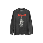 Dark grey long-sleeve shirt with Dario Argento 'Suspiria' graphic with red text on a white background