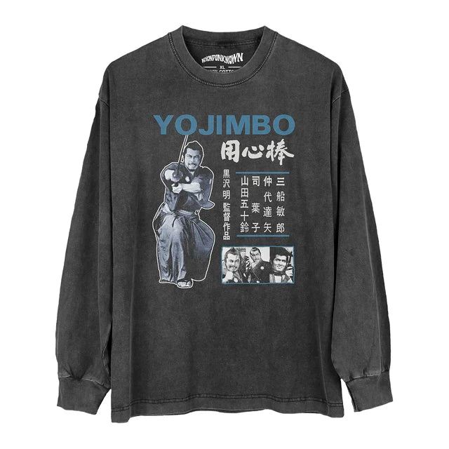 A long sleeve shirt with a graphic print of Akira Kurosawas' movie 'Yojimbo', featuring a samurai character in a gray tones with Japanese text.